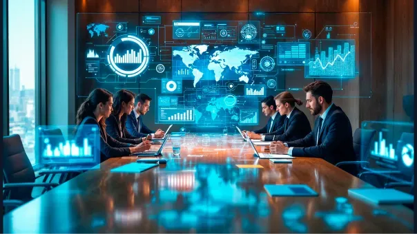 Leadership team reviewing global delivery data in a boardroom session