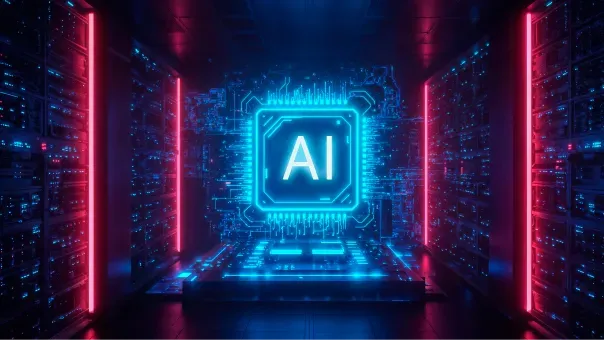 Illustration of a glowing AI chip inside a data center corridor