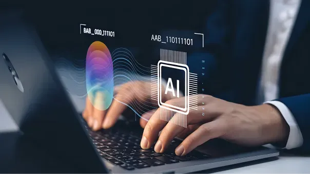 Illustration of AI transforming code signals into structured test data above a keyboard