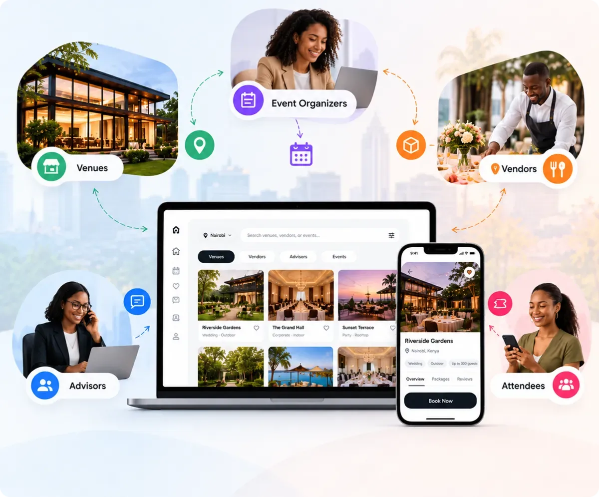 An event booking platform on laptop and phone, connecting venues, event organizers, vendors, advisors and attendees