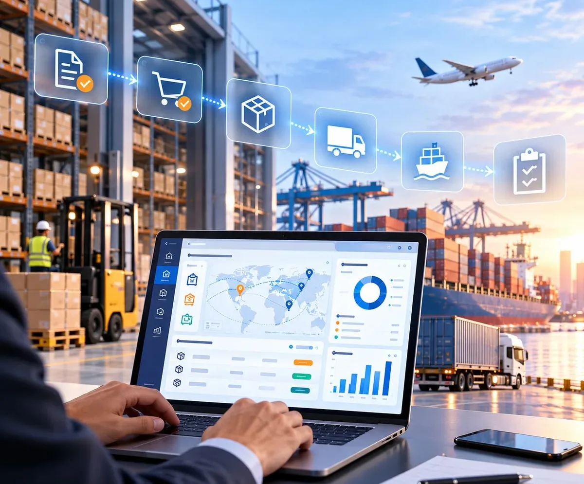 A logistics control dashboard on a laptop in a warehouse, with order, cart, parcel, truck, ship and delivery icons linking the supply chain to an airport and a container port