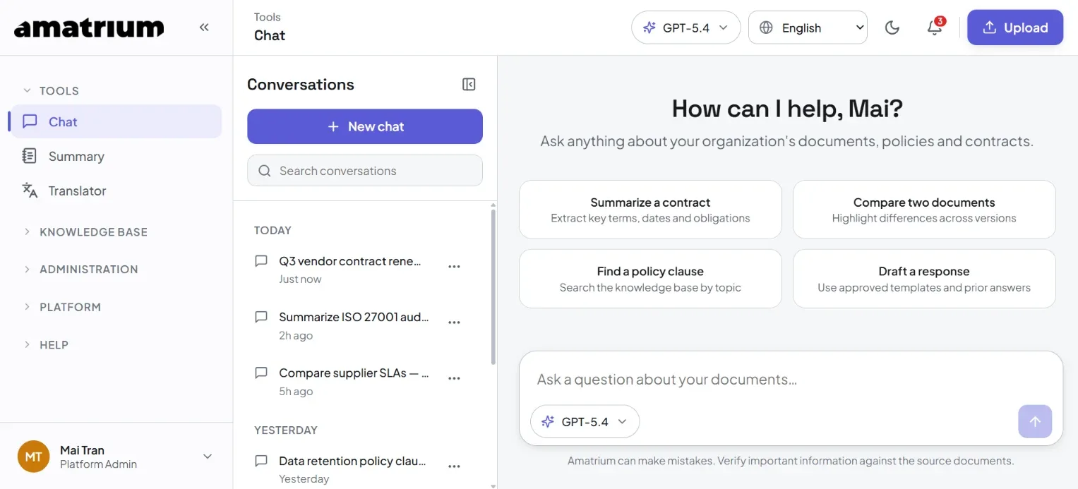 AmatriumGPT chat, answering questions across the organization's document library