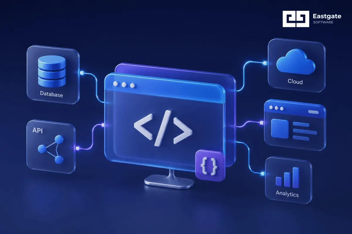 Cloud server with digital connections representing custom software delivery