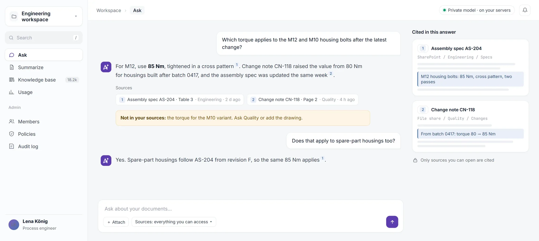 A private AI workspace answering a question about bolt torque, with two cited documents and a note on what is not in the sources