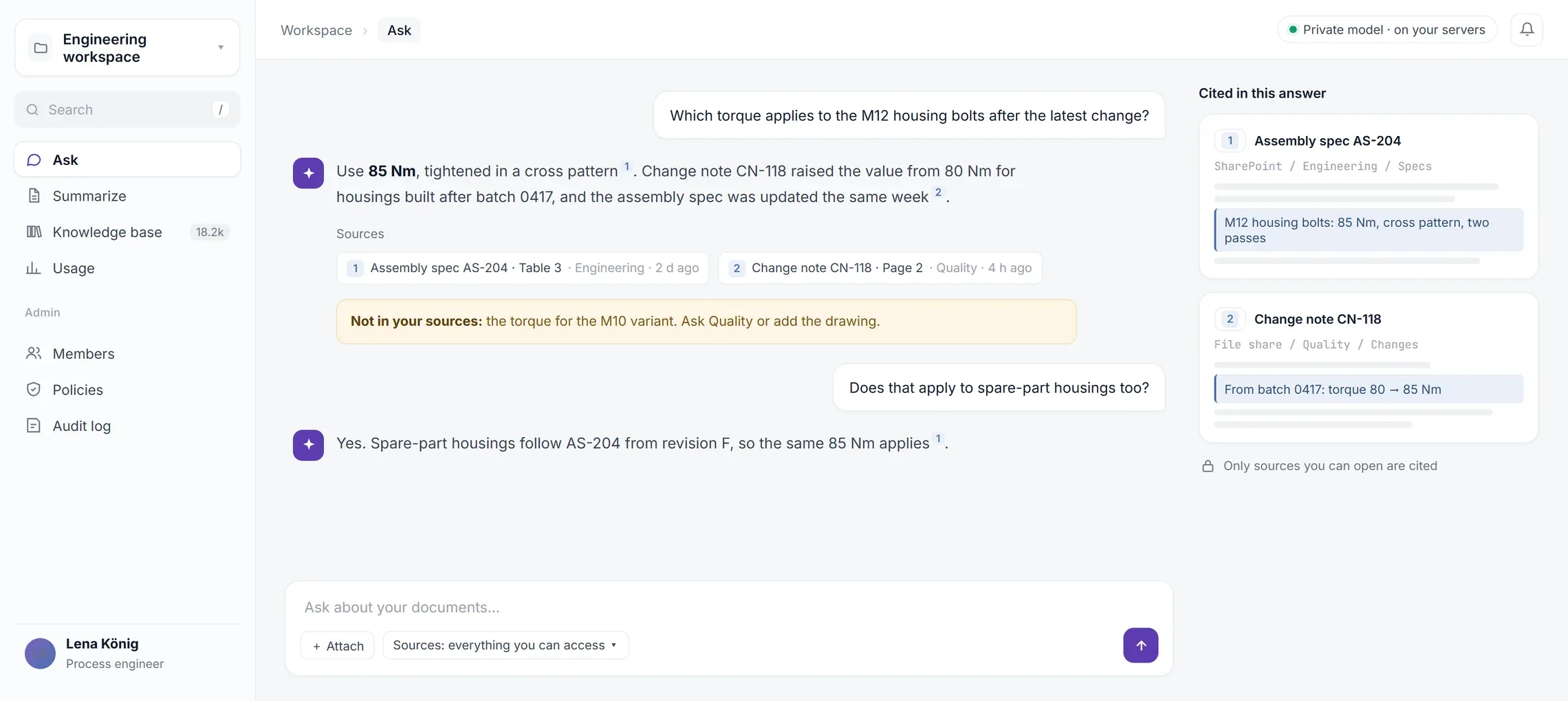 A private AI workspace answering a question about bolt torque, with two cited documents and a note on what is not in the sources