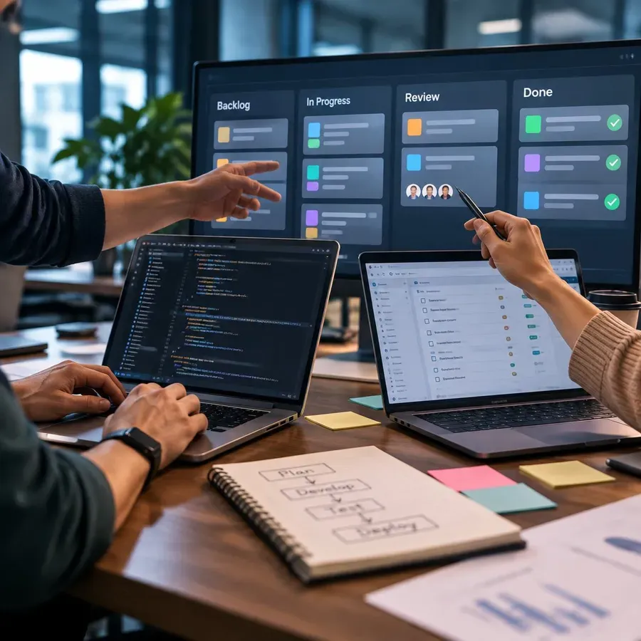 Engineers pairing at a shared table in front of a sprint board, reviewing code on two laptops
