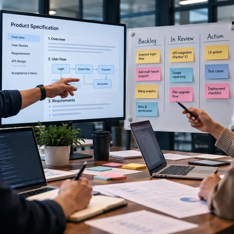 An engineer walking the team through a product specification next to a review board of sticky notes