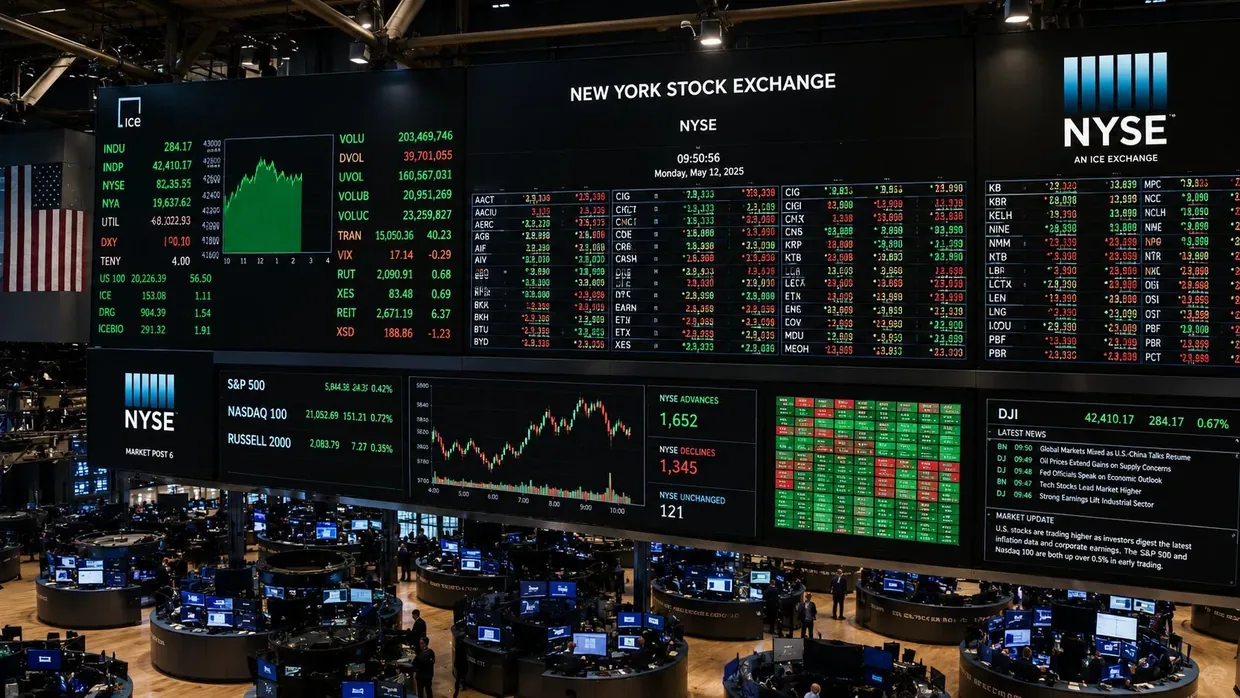 New York Stock Exchange trading floor with live market data displays