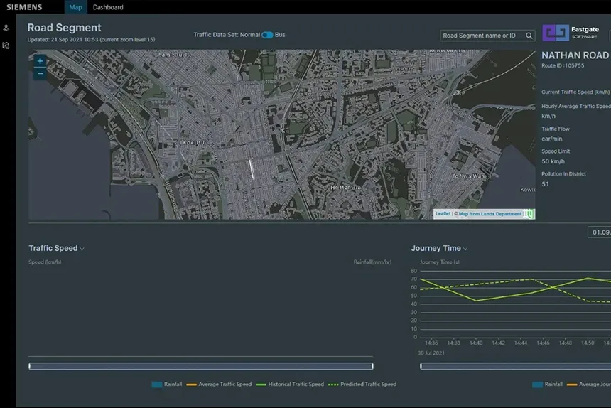 Traffic management dashboard showing live road-segment speed and journey-time data