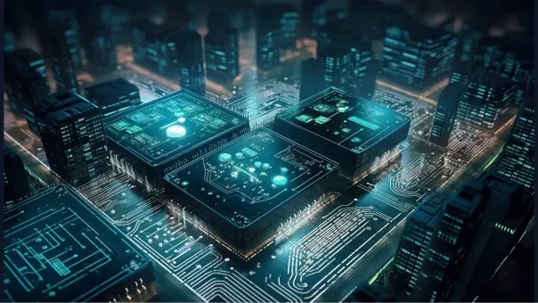 Illustration of circuit boards rising into a modern digital city skyline