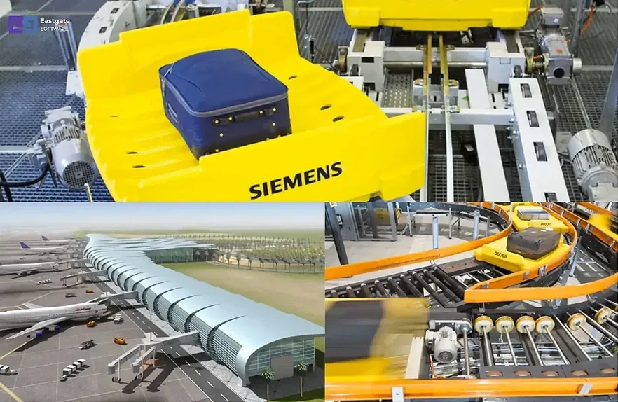 Airport baggage handling and sorting equipment moving luggage through a terminal