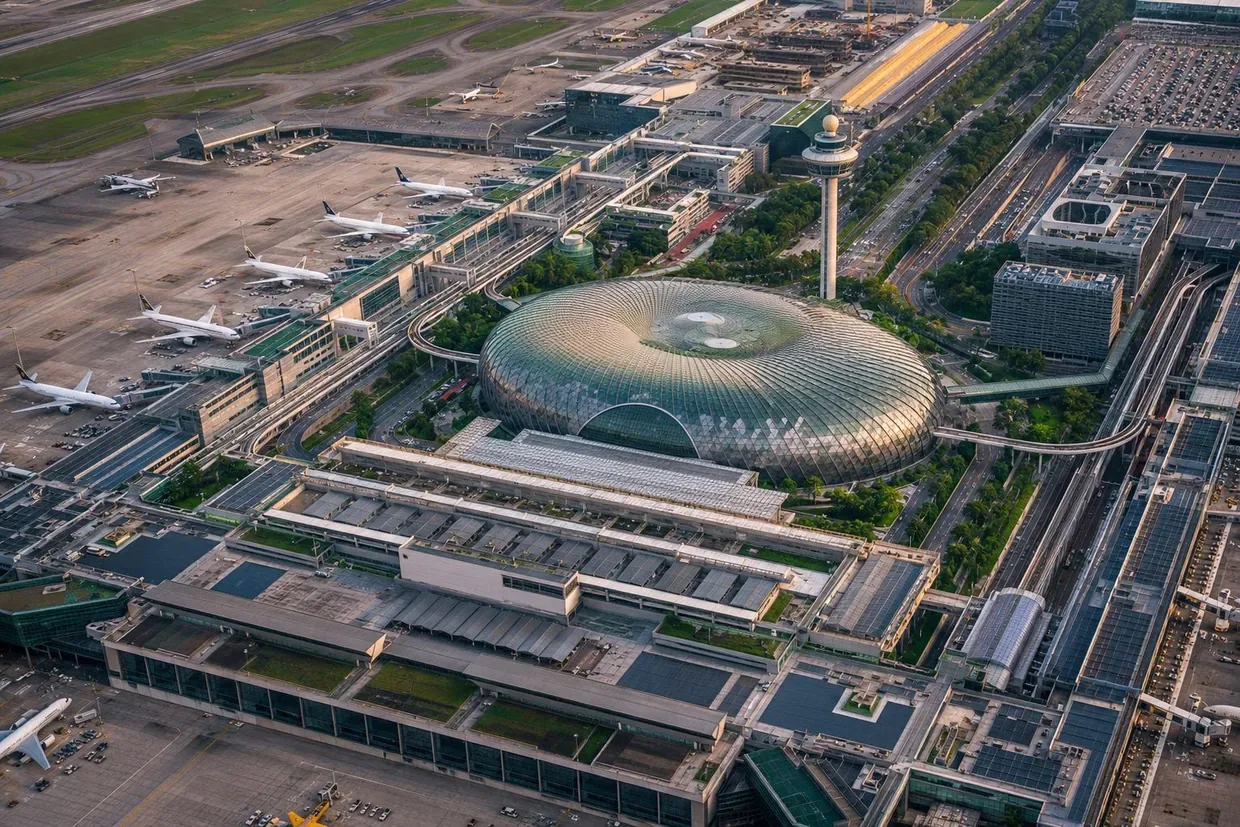 Aerial view of an international airport terminal and control tower