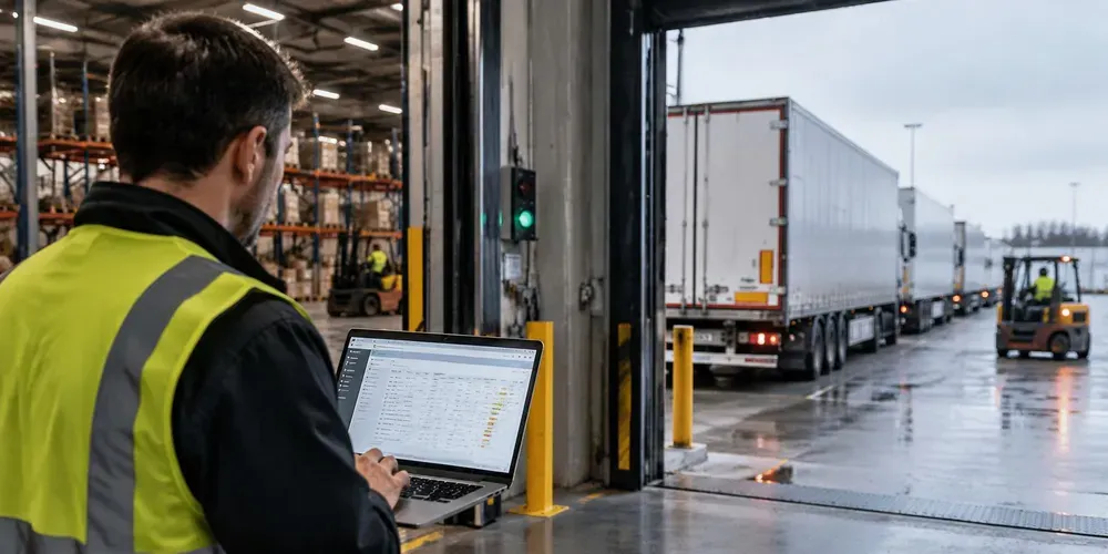A warehouse worker in a hi-vis vest checking a laptop at the dock door while trucks wait outside