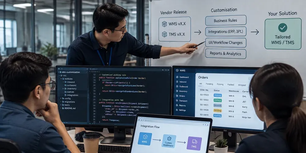 Engineers at a whiteboard mapping a vendor release and its customisations to a tailored WMS and TMS