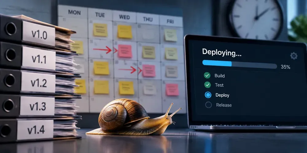 A deploy screen stuck at 35 percent beside a wall of versioned binders and a snail