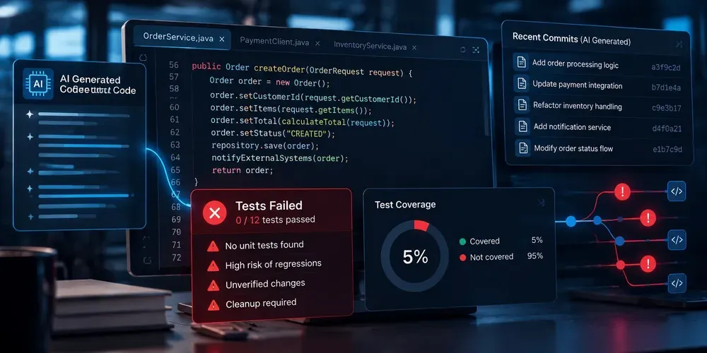 AI-generated code on a monitor with a tests-failed panel showing 5 percent coverage