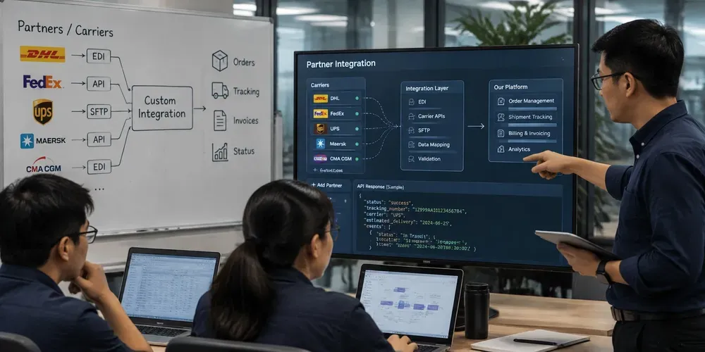 A team reviewing a partner integration diagram that wires carriers to a platform one connection at a time