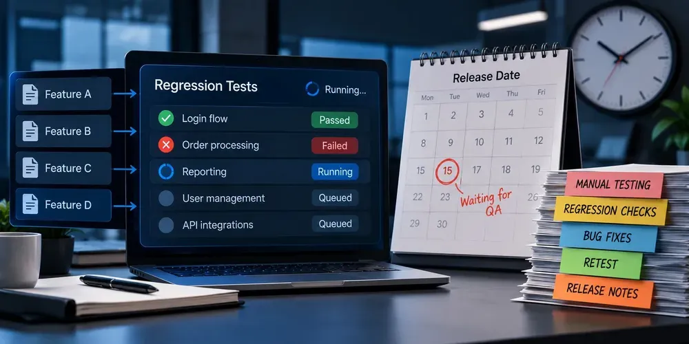 A regression test board with failed and queued features next to a release date calendar marked waiting for QA