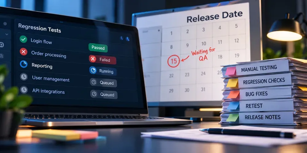A release date whiteboard with a stack of sticky notes for manual testing, regression checks, bug fixes and release notes