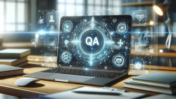 Illustration of QA process icons projected around an open laptop