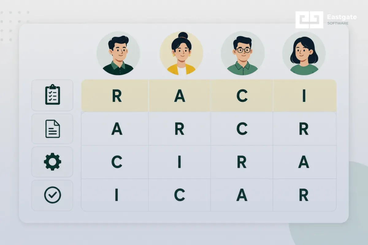 Team members and their roles laid out in a RACI chart