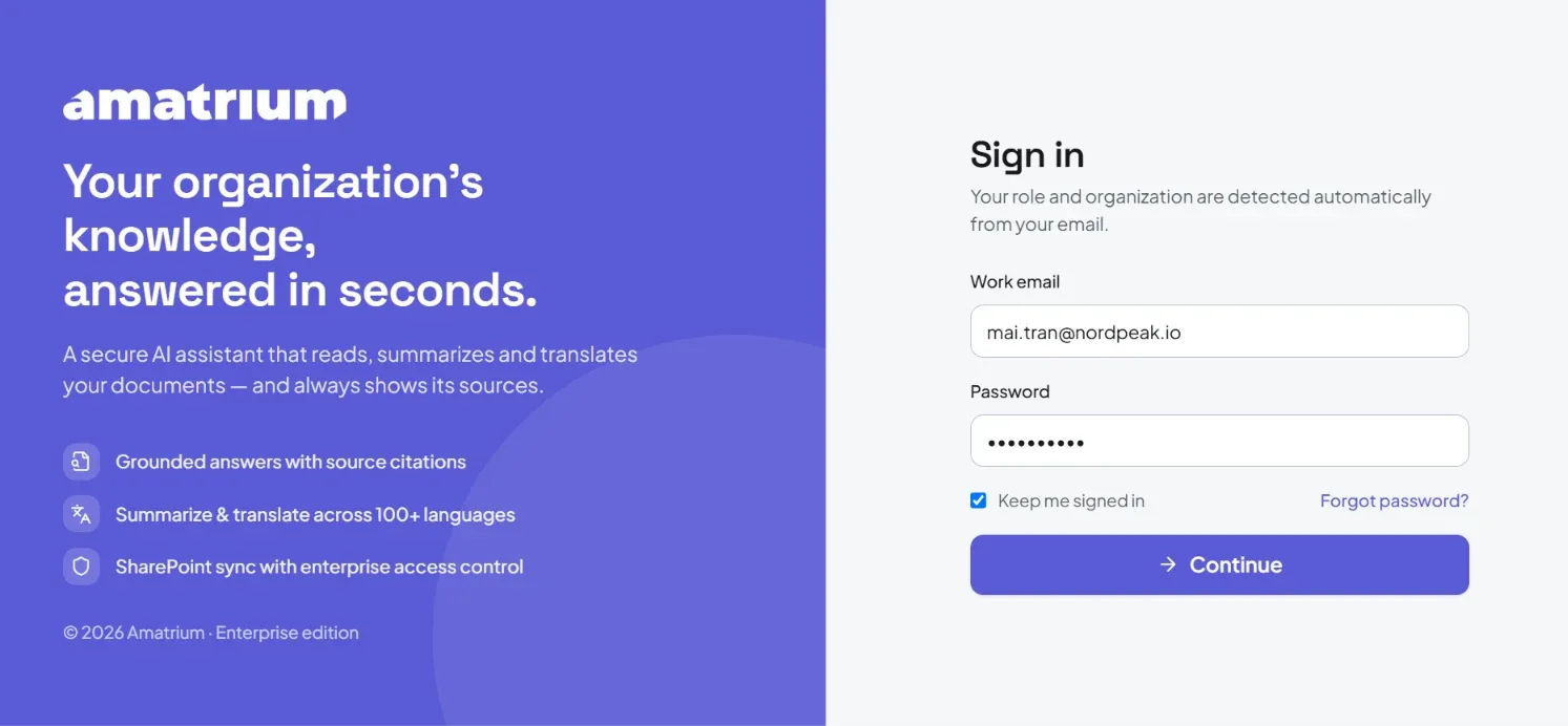 AmatriumGPT sign-in screen: a secure AI assistant that reads, summarizes and translates documents and shows its sources