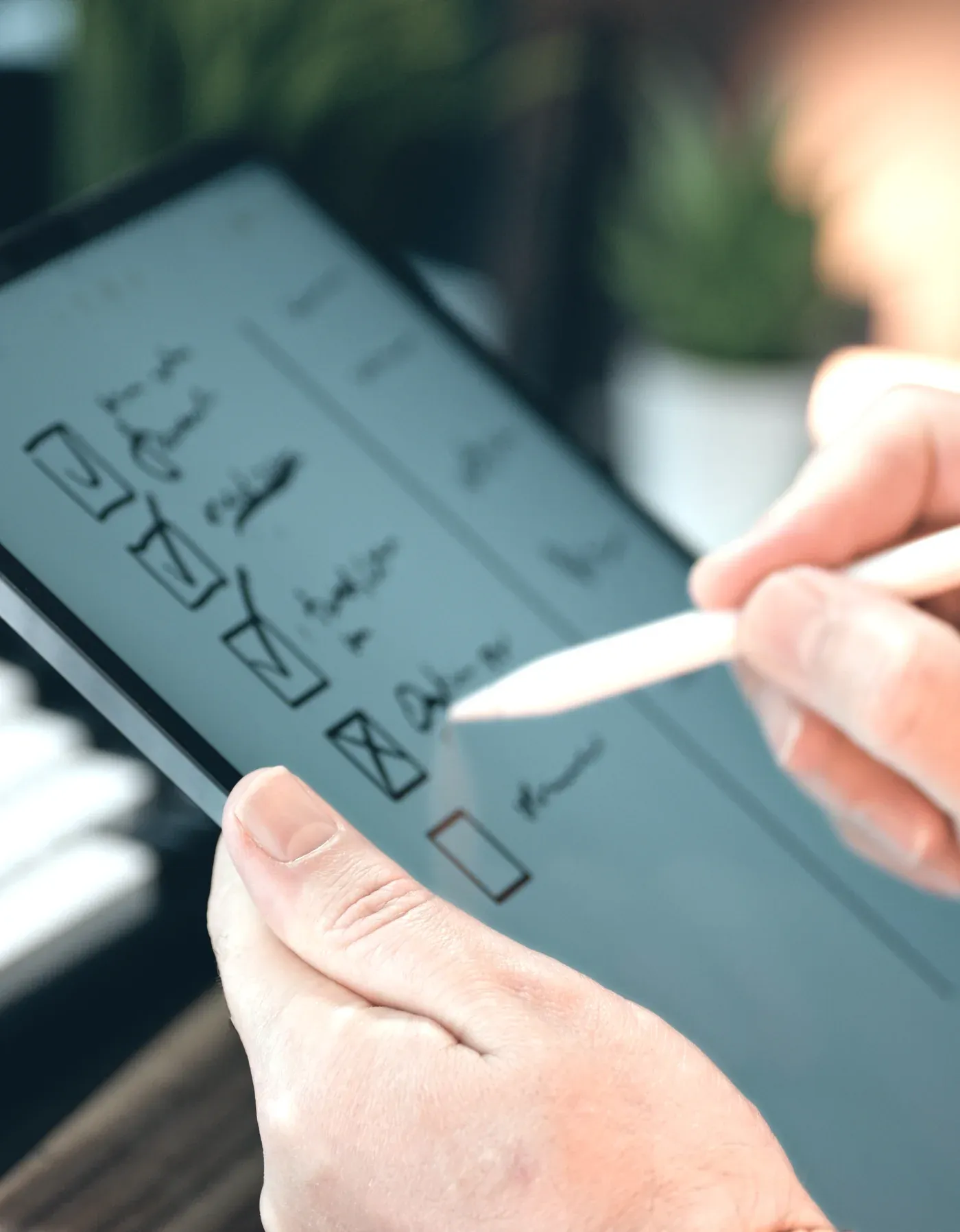 Hands ticking off a scoped checklist on a tablet