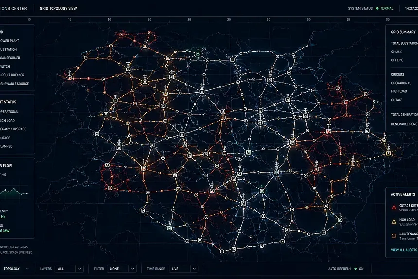 Grid operations center view of a national power network with live topology and alerts