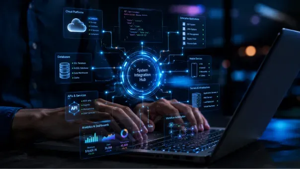 Engineer at a laptop linking cloud platforms, databases, and APIs through a central integration hub