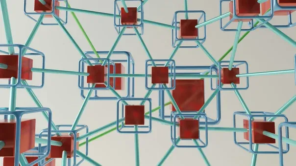 Network of linked cubes joined by tubes, representing systems exchanging data