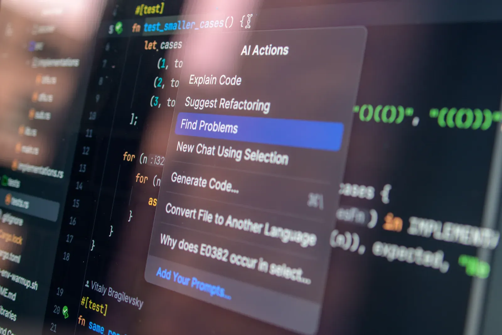 A code editor with its AI actions menu open on Find Problems