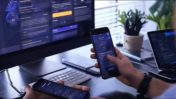Developer testing a mobile app on a phone alongside its web version on desktop