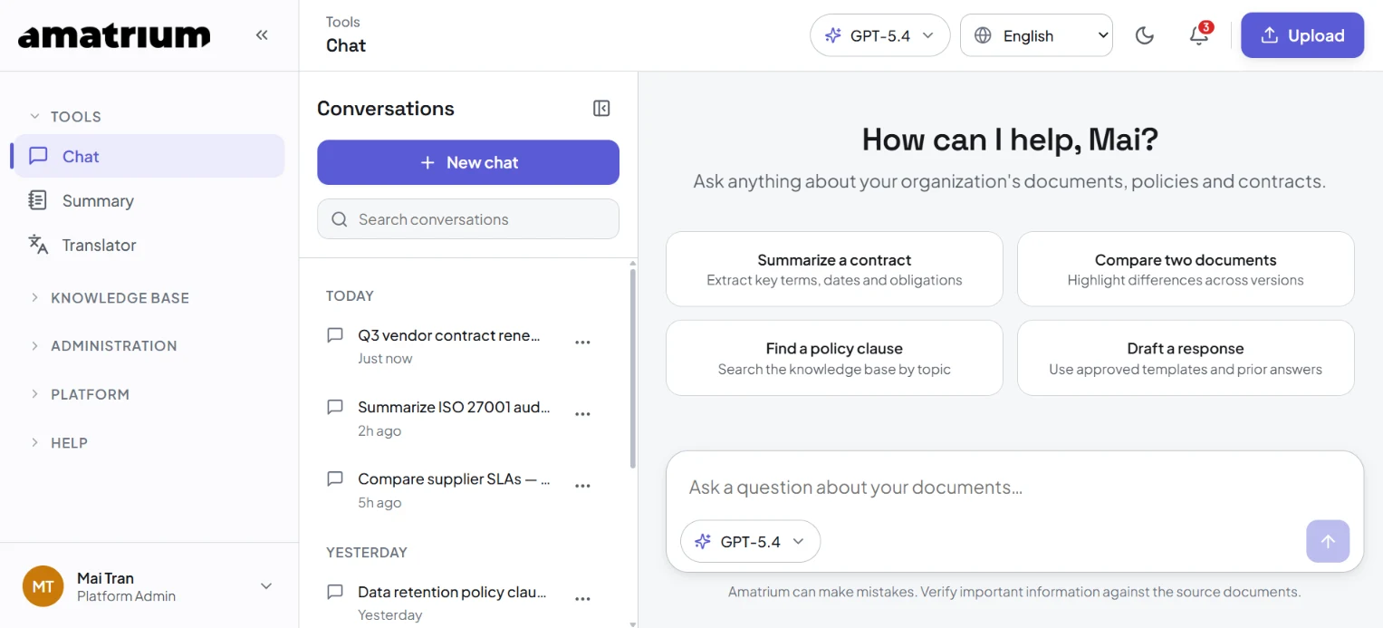 AmatriumGPT chat, answering questions across the organization's document library